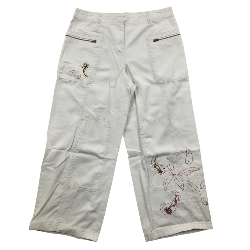 J Jill Paisley Embroidered Wide Leg Cropped‎ Cargo Pants Beige Womens 10